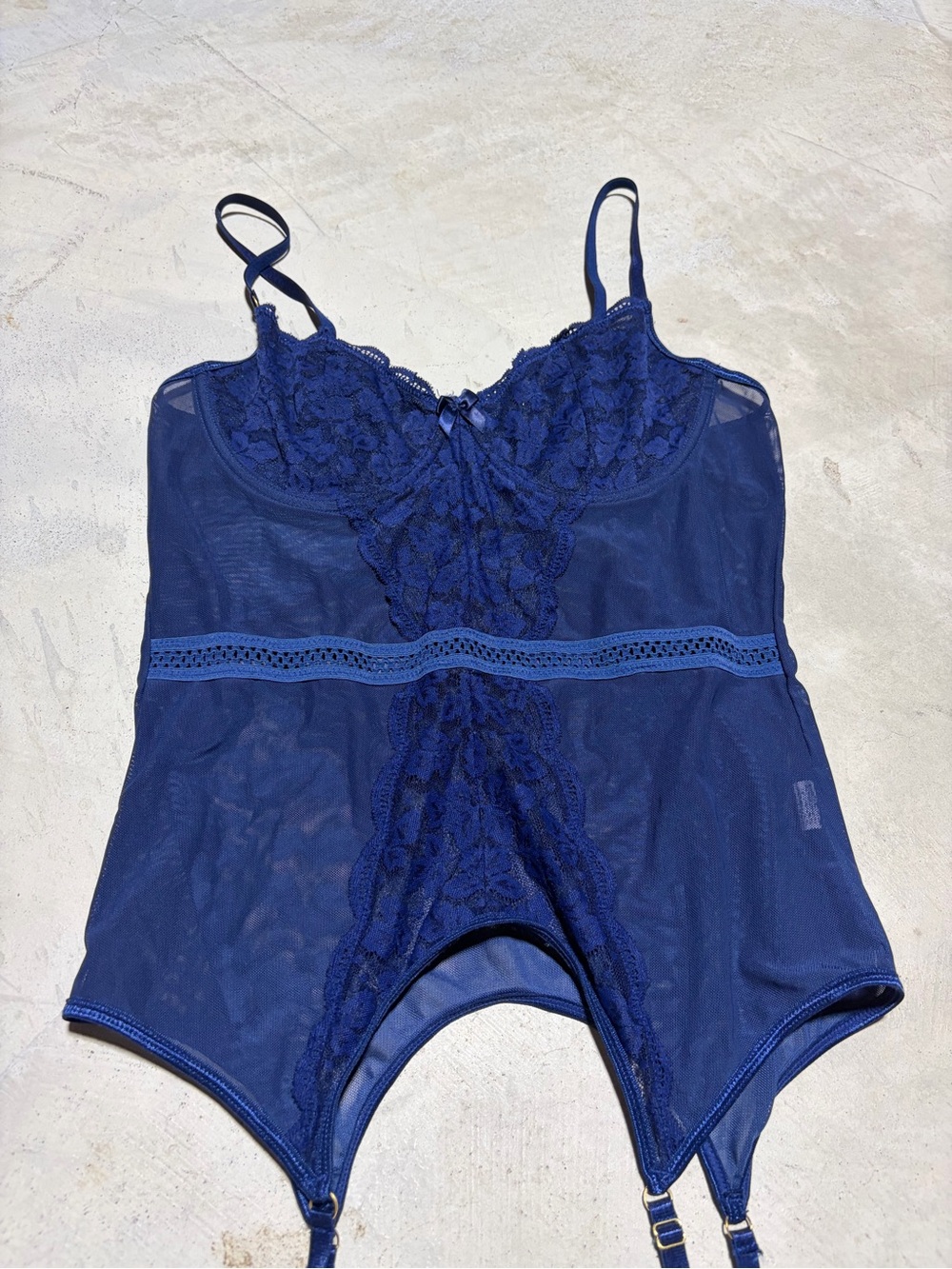 Navy Lace Gartered Bodysuit Intimates XL lingerie - Picture 2 of 6